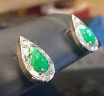 Pear shape jade 19k custom engraved diamond earrings